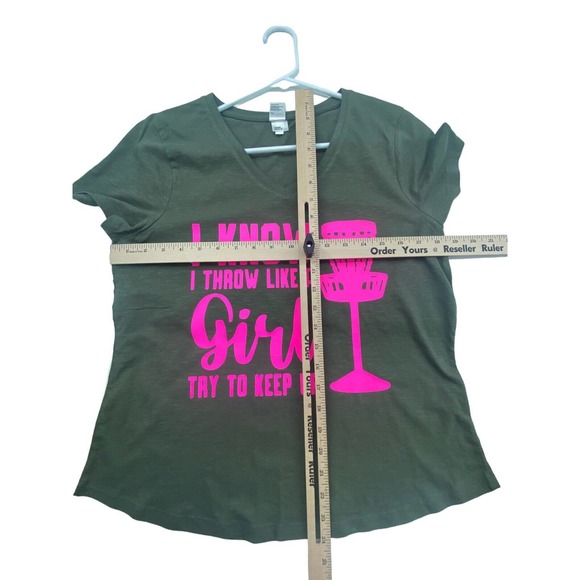 Disc Golf WOMENS V-Neck Shirt Throw Like A Girl Olive Size 12 - Picture 6 of 10